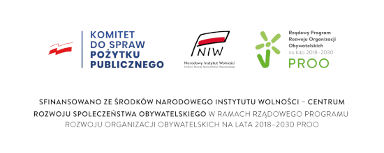 Prostokątna grafika z tekstem i logotypami. Tekst jest wyśrodkowany, zajmuje trzy linijki i brzmi: Sfinansowano ze środków Narodowego Instytutu Wolności - Centrum Rozwoju Społeczeństwa Obywatelskiego w ramach Programu Rozwoju Organizacji Obywatelskich na lata 2018-2030 PROO. Nad tekstem znajdują się logotypy: - Komitetu do Spraw Pożytku Publicznego, -Narodowego Instytutu Wolności - NIW, - Programu Rozwoju Organizacji Obywatelskich - PROO.