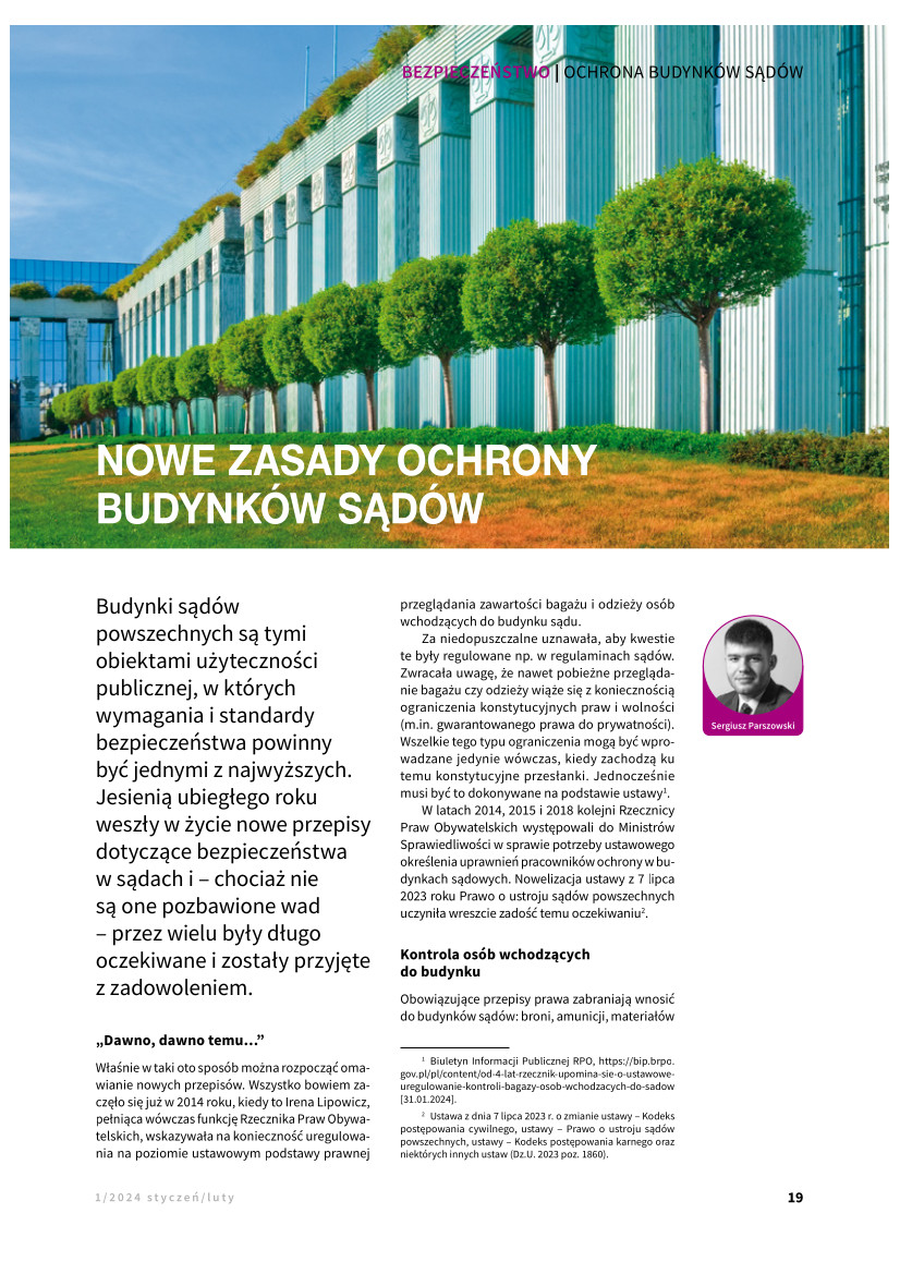 Strona tytułowa artykułu „Nowe zasady ochrony budynków sądów", Sergiusz Parszowski „Ochrona i Bezpieczeństwo" nr 1/2024