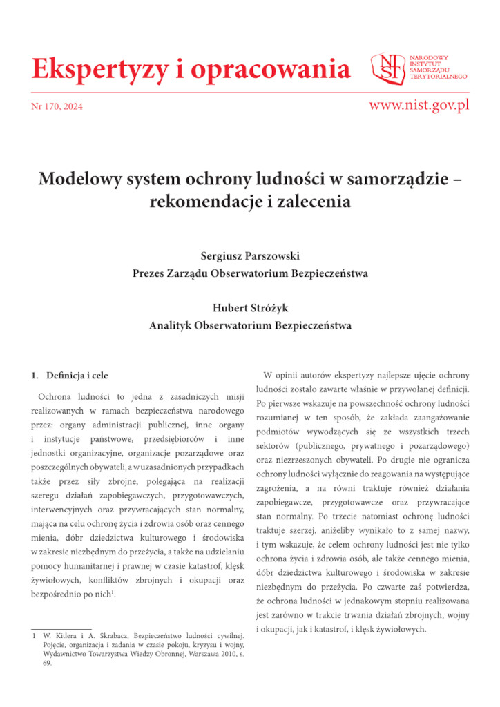 Pierwsza strona ekspertyzy: "Modelowy system ochrony ludności w samorządzie – rekomendacje i zalecenia".