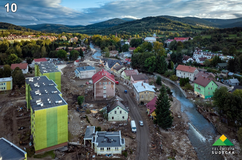 Widok z lotu ptaka na Stronie Śląskie. W centrum kadru znajduje się rzeka, która przepływa przez miasto. Po obu stronach rzeki widać budynki mieszkalne i inne zabudowania. Na lewym brzegu znajduje się wysoki budynek z żółtą-zieloną fasadą. W tle widać zalesione wzgórza i góry. W lewym górnym rogu widnieje logo "Telewizji Sudeckiej".