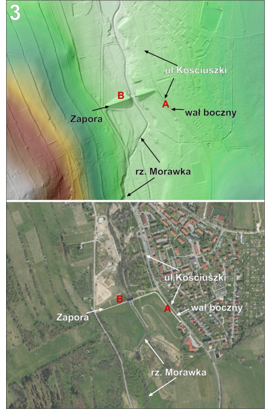 Widoczne są dwie mapy. Górna mapa topograficzna i dolna mapa satelitarna. Obie przedstawiają fragment Stronia Śląskiego, gdzie doszło do rozmycia zapory na rzece Morawce i zalania.. Na obu oznaczone są następujące elementy: -ul. Kościuszki - biegnąca przez teren; - wał boczny - oznaczony w pobliżu ulicy Kościuszki; - rz. Morawka - przepływająca przez cały obszar; - zapora - znajduje się po lewej stronie map; - punktu oznaczone literami "A" i "B" - znajdują się w pobliżu zapory i wału bocznego. Mapa topograficzna pokazuje różnice wysokości terenu za pomocą kolorów, natomiast mapa satelitarna przedstawia rzeczywisty wygląd terenu z widocznymi budynkami i roślinnością.