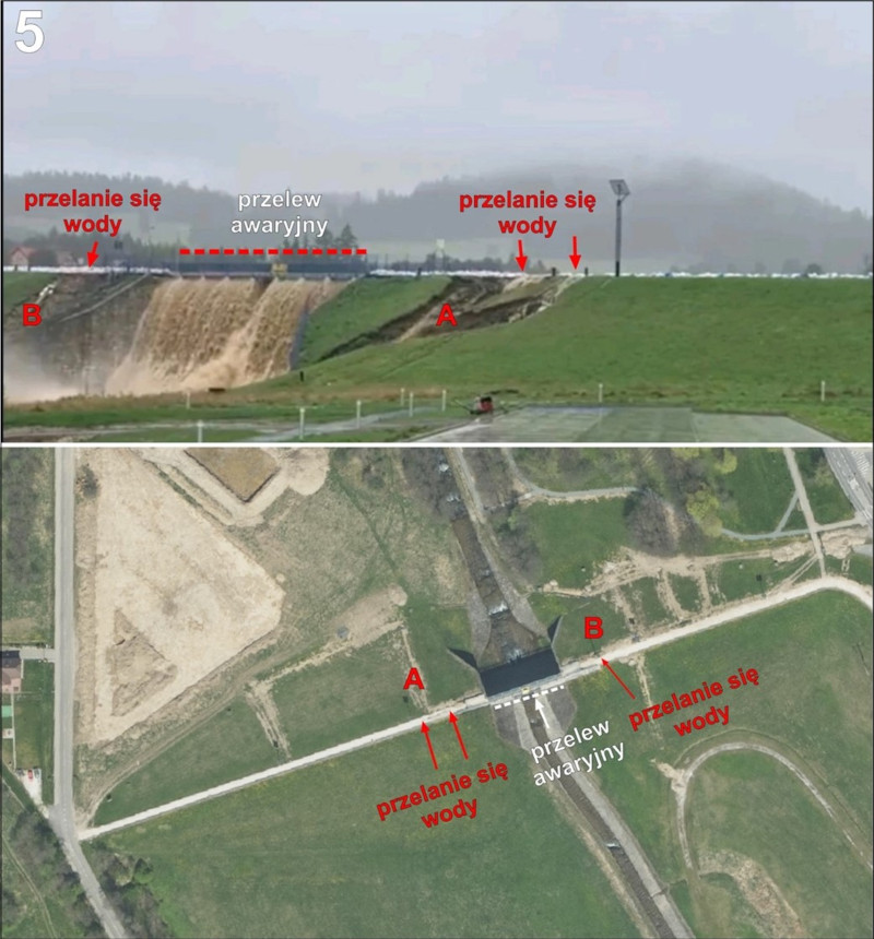 Widoczne dwa widoki na teren z infrastrukturą wodną. Oba obrazy są oznaczone literami "A" i "B" oraz opisami "przelanie się wody" w punktach "A" i "B" i "przelew awaryjny" znajdujący się między tymi punktami. Oba obrazy przedstawiają obszar, gdzie może dochodzić do przelania się wody, co jest oznaczone czerwonymi strzałkami i napisami. Obraz na górze przedstawia widok z przodu, obraz na dole widok z lotu ptaka.