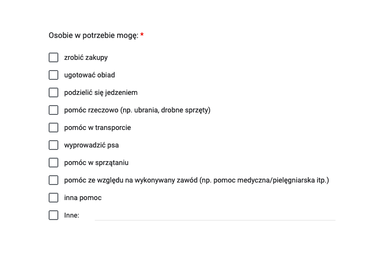 Formularz zgłoszeniowy dla wolontariuszy z możliwością zaznaczenia, jakiej pomocy dany wolontariusz może udzielić.