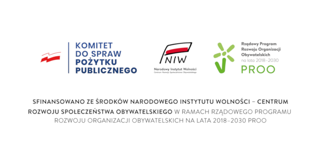 Prostokątna grafika z tekstem i logotypami. Tekst jest wyśrodkowany, zajmuje trzy linijki i brzmi: Sfinansowano ze środków Narodowego Instytutu Wolności - Centrum Rozwoju Społeczeństwa Obywatelskiego w ramach Programu Rozwoju Organizacji Obywatelskich na lata 2018-2030 PROO. Nad tekstem znajdują się logotypy: - Komitetu do Spraw Pożytku Publicznego, -Narodowego Instytutu Wolności - NIW, - Programu Rozwoju Organizacji Obywatelskich - PROO.