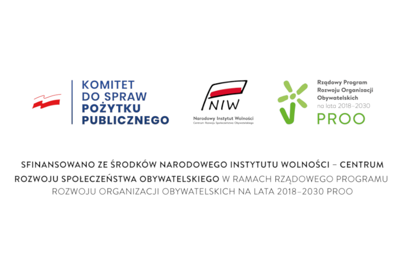 Prostokątna grafika z tekstem i logotypami. Tekst jest wyśrodkowany, zajmuje trzy linijki i brzmi: Sfinansowano ze środków Narodowego Instytutu Wolności - Centrum Rozwoju Społeczeństwa Obywatelskiego w ramach Programu Rozwoju Organizacji Obywatelskich na lata 2018-2030 PROO. Nad tekstem znajdują się logotypy: - Komitetu do Spraw Pożytku Publicznego, -Narodowego Instytutu Wolności - NIW, - Programu Rozwoju Organizacji Obywatelskich - PROO.