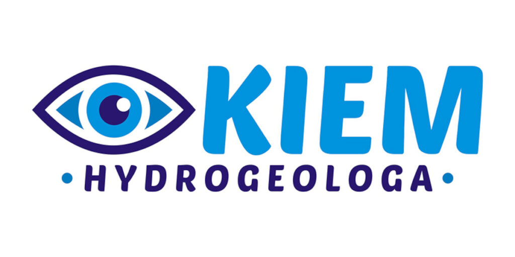 Logo Okiem Hydrogeologa. Po lewej stronie grafika w kształcie oka w kolorach granatowym, niebieskim i biały. Granice źrenicy są w kolorze białym i mają kształt okręgu, który pełni funkcję litery 