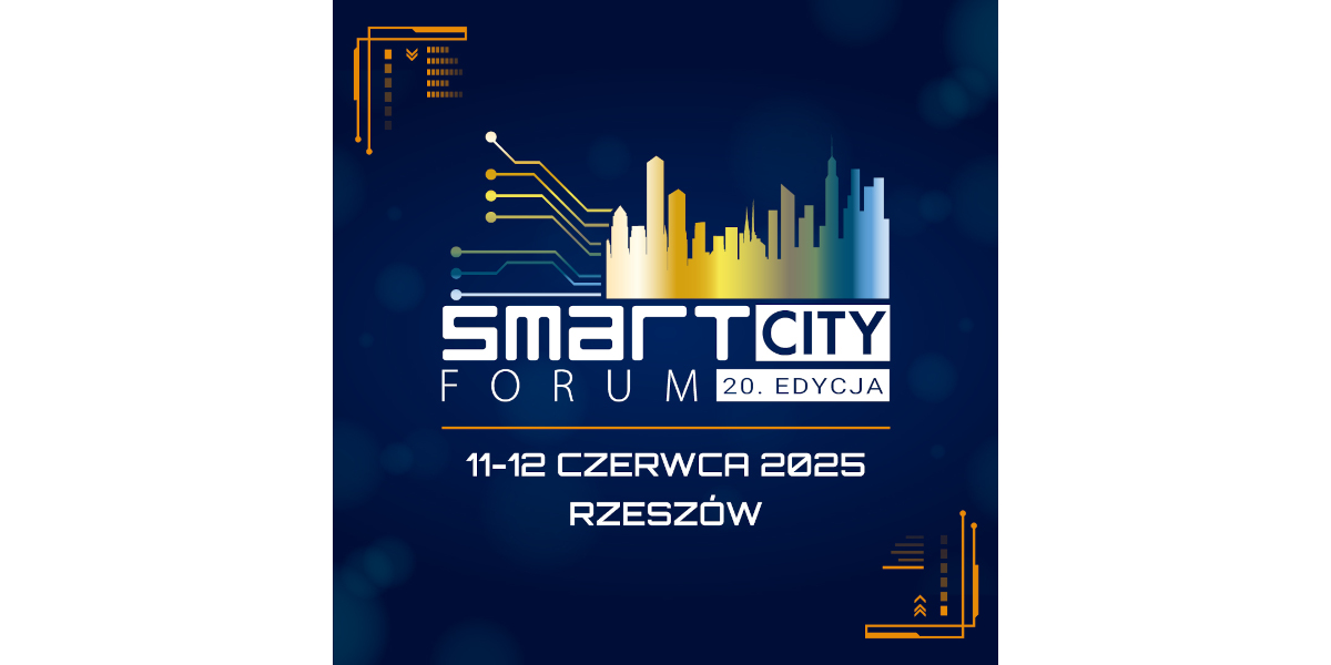 Baner wydarzenia "Smart City Forum". Na środku znajduje się napis"Smart City Forum 20. Edycja". Nad napisem jest grafika przedstawiająca stylizowane wieżowce i linie symbolizujące połączenia technologiczne.Pod napisem znajduje się tekst: "11-12 czerwca 2025, Rzeszów". Kolorystyka baneru to głównie odcienie niebieskiego, białego i pomarańczowego.