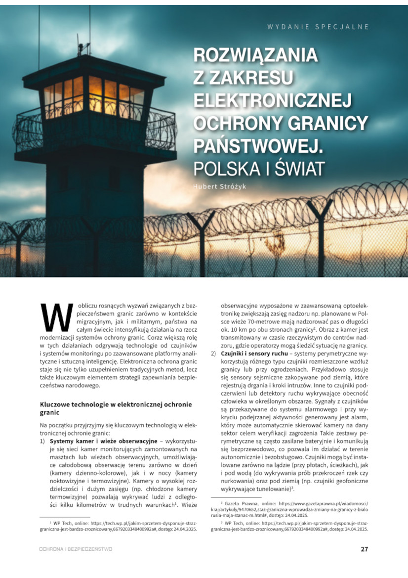 Pierwsza strona artykułu. Na górze zdjęcie wieży strażniczej z oświetlonymi oknami, otoczonej drutem kolczastym. Obok wieży, też na zdjęciu, tytuł artykułu. Pod zdjęciem tekst artykułu w dwóch kolumnach.