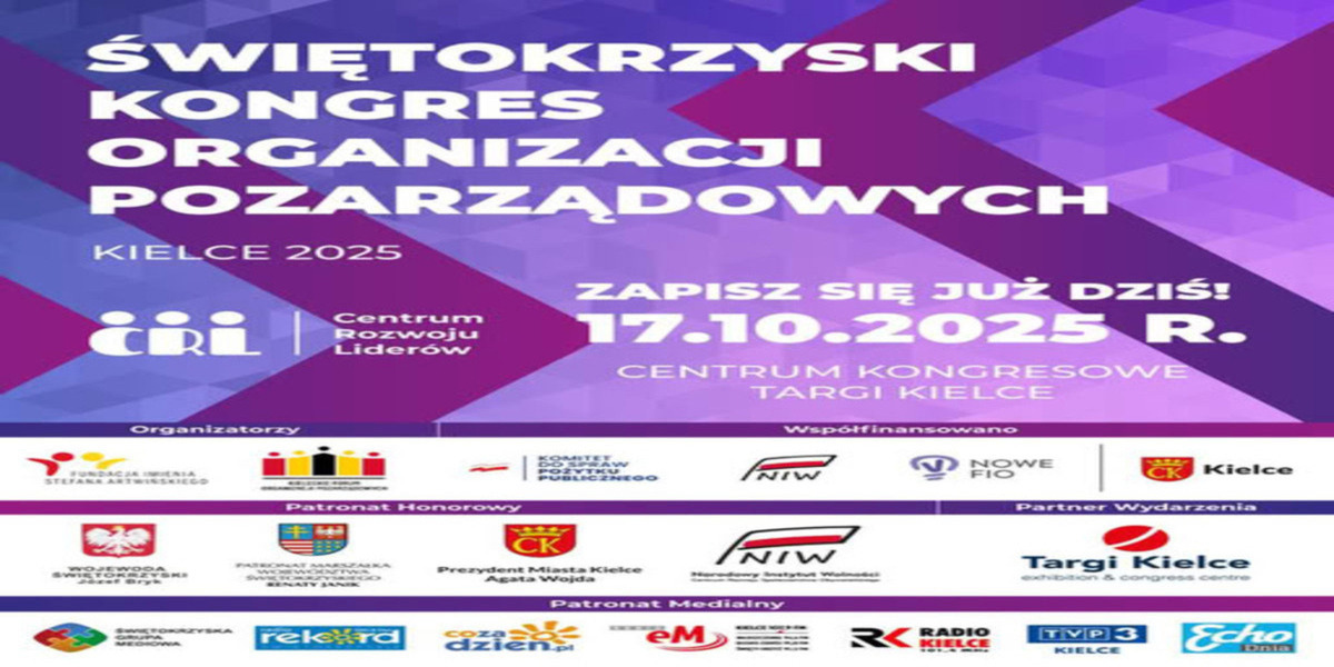 Plakat informujący o Świętokrzyskim Kongresie Organizacji Pozarządowych w Kielcach w 2025 roku. Wydarzenie odbędzie się 17 października 2025 r. w Centrum Kongresowym Targi Kielce. Plakat zawiera hasło "ZAPISZ SIĘ JUŻ DZIŚ!" i logo głównego organizatora, Centrum Rozwoju Liderów. Poniżej wymieniono organizatorów, współfinansujących, partnerów i patronów honorowych, w tym Wojewodę Świętokrzyskiego, Marszałka Województwa Świętokrzyskiego Renatę Janik, Prezydent Miasta Kielce Agatę Wojdę oraz Narodowy Instytut Wolności (NIW). Wśród partnerów i patronów medialnych znajduje się m.in. Targi Kielce, TVP 3 Kielce i Echo Dnia.