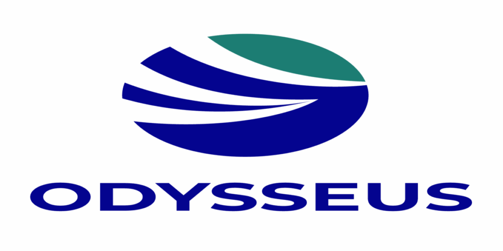Logo projektu ODYSSEUS – stylizowana niebiesko-morska grafika fal w okręgu z napisem 'ODYSSEUS' poniżej